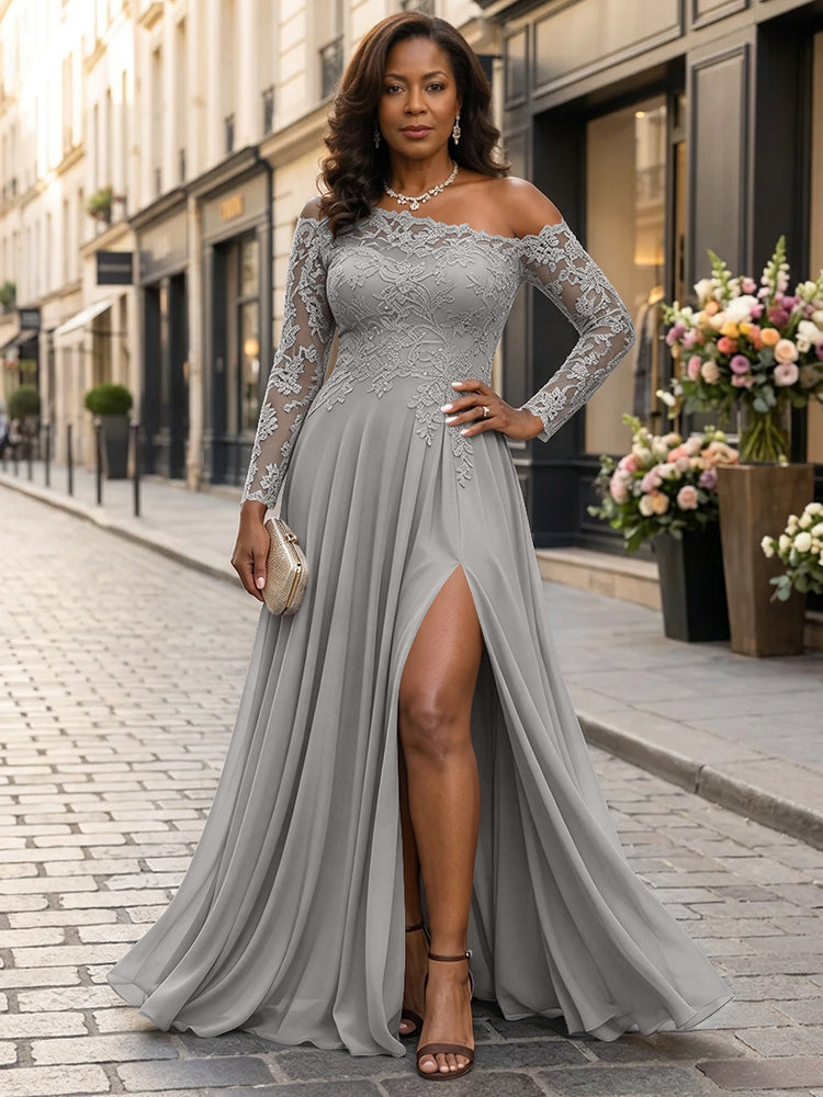 Chiffon A-Line Asymmetric Neck Long Mother of the Bride Dresses with Lace Applique