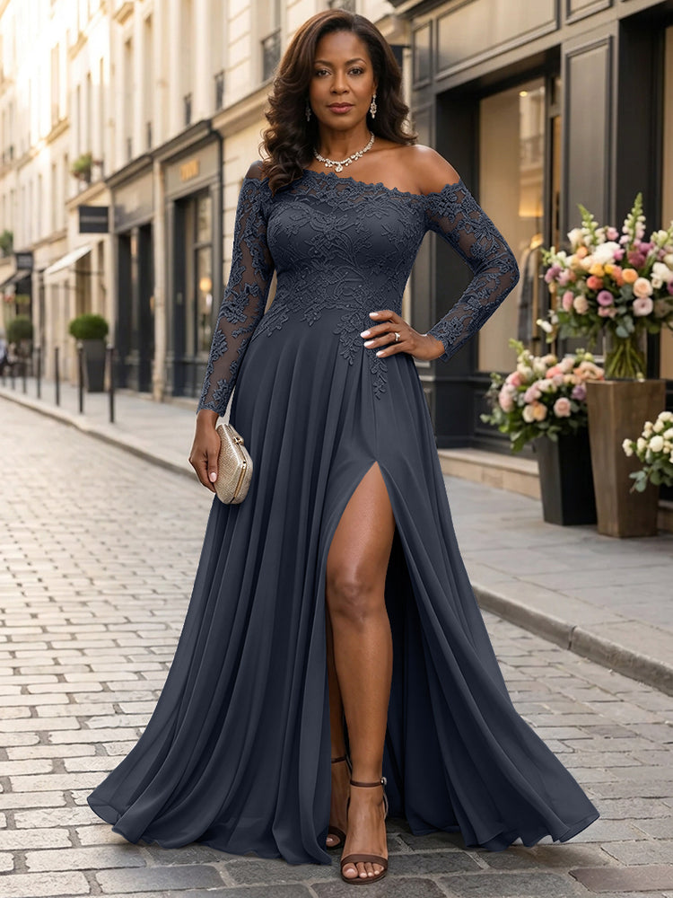 Chiffon A-Line Asymmetric Neck Long Mother of the Bride Dresses with Lace Applique