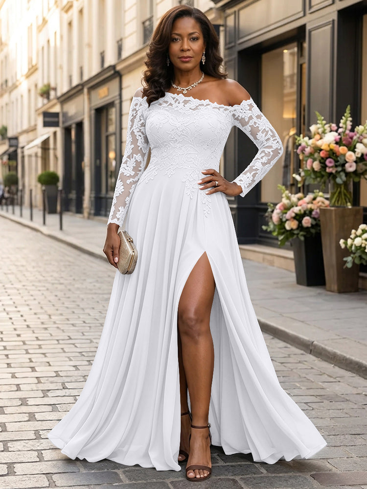 Chiffon A-Line Asymmetric Neck Long Mother of the Bride Dresses with Lace Applique