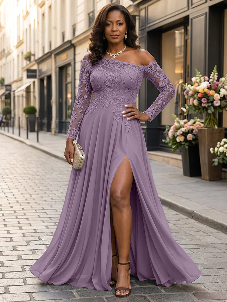 Chiffon A-Line Asymmetric Neck Long Mother of the Bride Dresses with Lace Applique