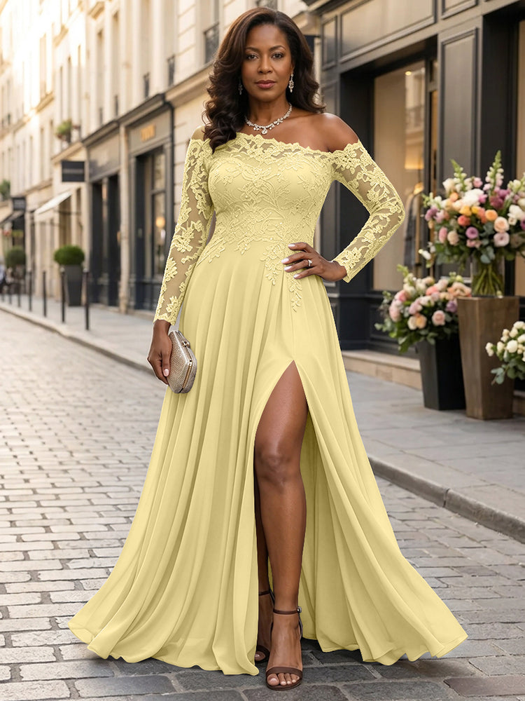 Chiffon A-Line Asymmetric Neck Long Mother of the Bride Dresses with Lace Applique