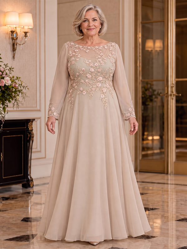 Chiffon A-Line Boat Neck Plus Size Mother of the Bride Dresses with Floral Embroidery
