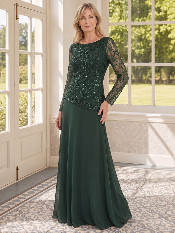 Chiffon A-Line Boat Neck Long Mother of the Bride Dresses with Sequin Embroidery
