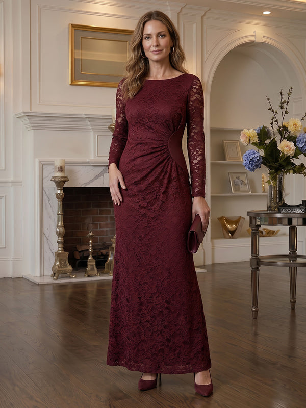 Lace Mermaid Scoop Neck Long Mother of the Bride Dresses with Ruched