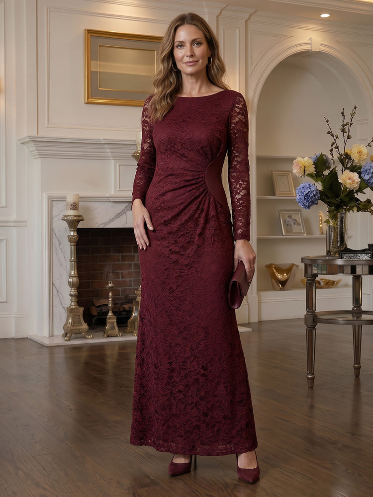 Lace Mermaid Scoop Neck Long Mother of the Bride Dresses with Ruched
