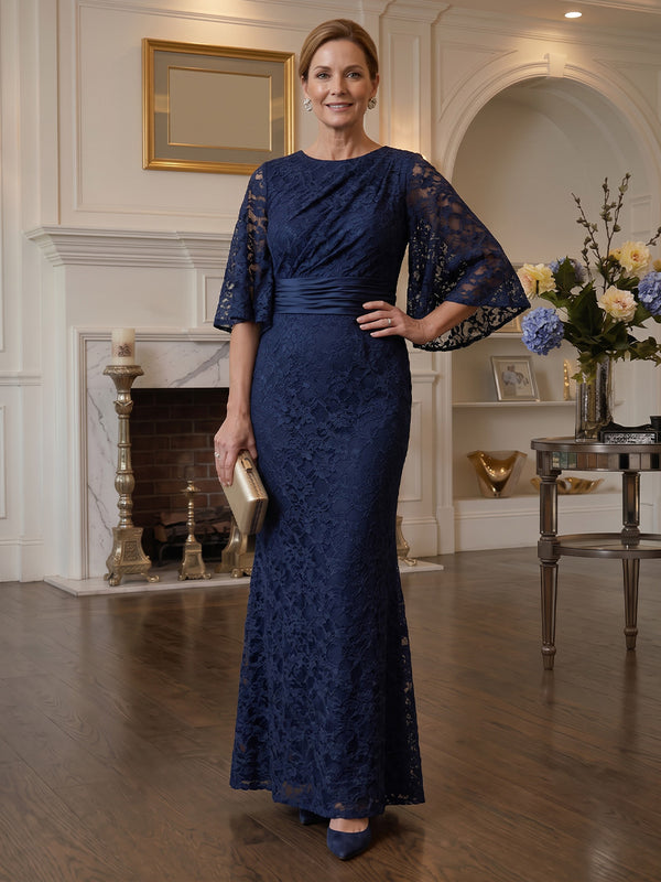 Lace Mermaid Scoop Neck Long Mother of the Bride Dresses with Ruched