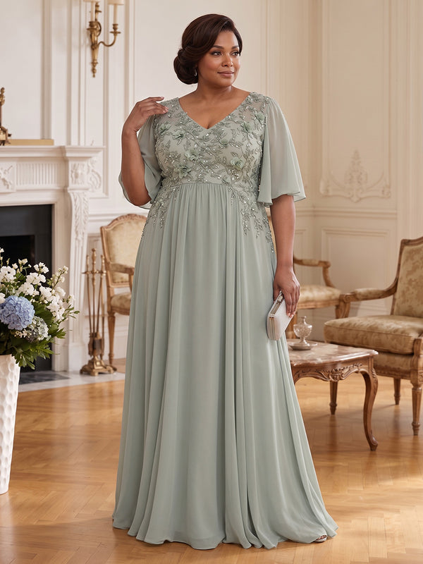 Chiffon A-Line V Neck Long Mother of the Bride Dresses with Lace Applique