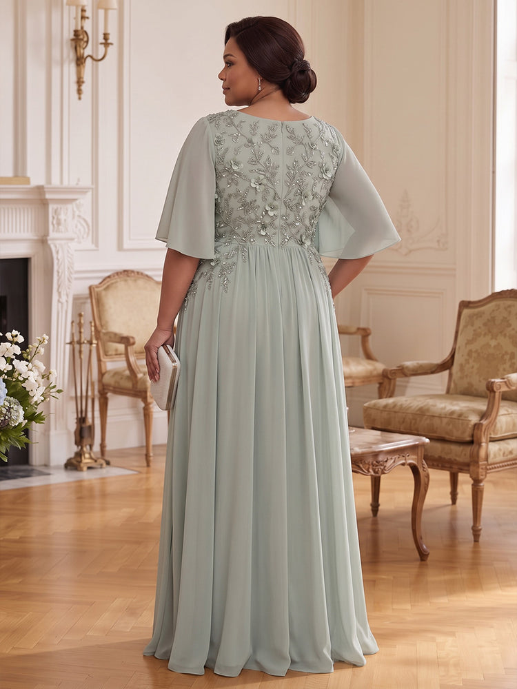 Chiffon A-Line V Neck Long Mother of the Bride Dresses with Lace Applique