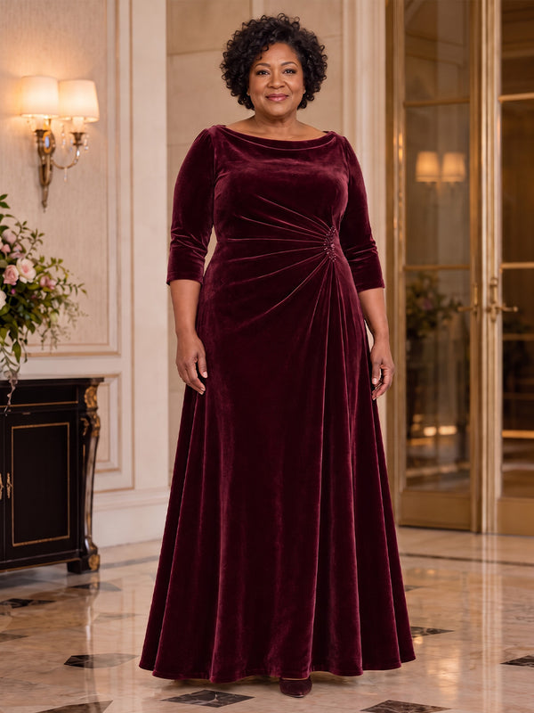 Velvet A-Line Boat Neck Plus Size Mother of the Bride Dresses with Beaded
