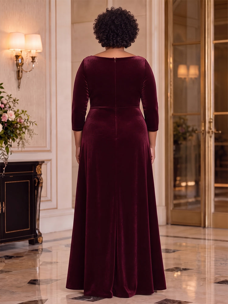 Velvet A-Line Boat Neck Plus Size Mother of the Bride Dresses with Beaded