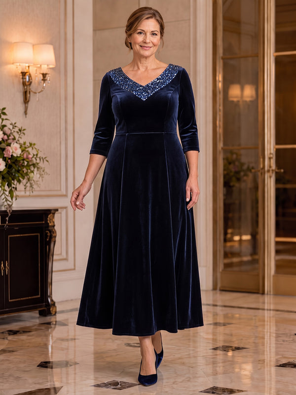 Velvet A-Line V Neck Plus Size Mother of the Bride Dresses with Sequin