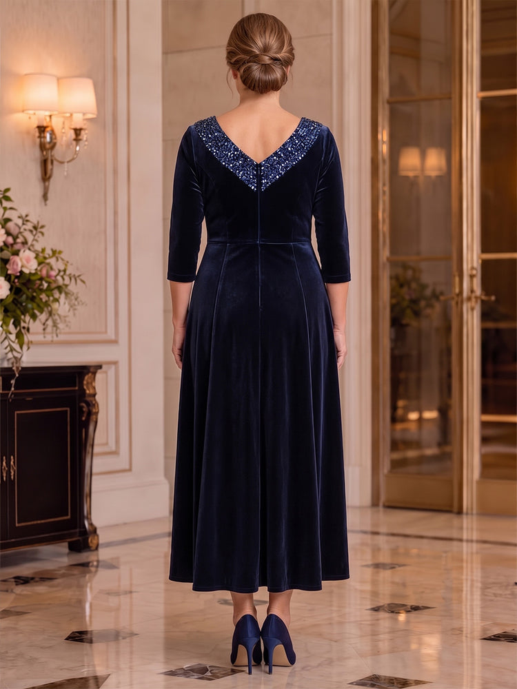 Velvet A-Line V Neck Plus Size Mother of the Bride Dresses with Sequin