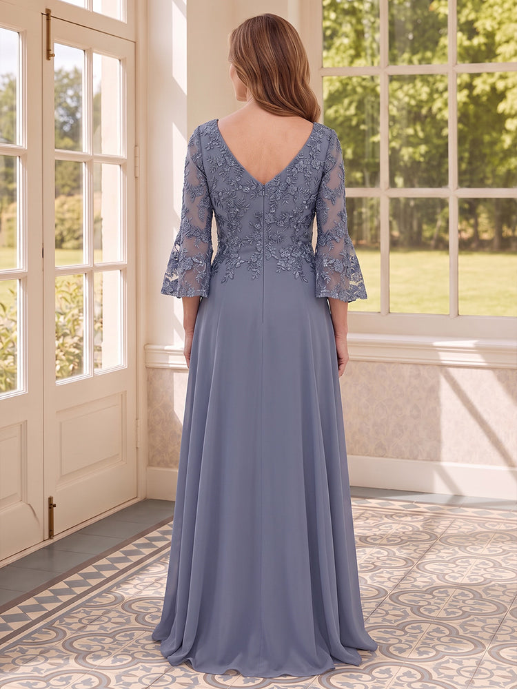 Chiffon A-Line V Neck Long Mother of the Bride Dresses with Lace Applique