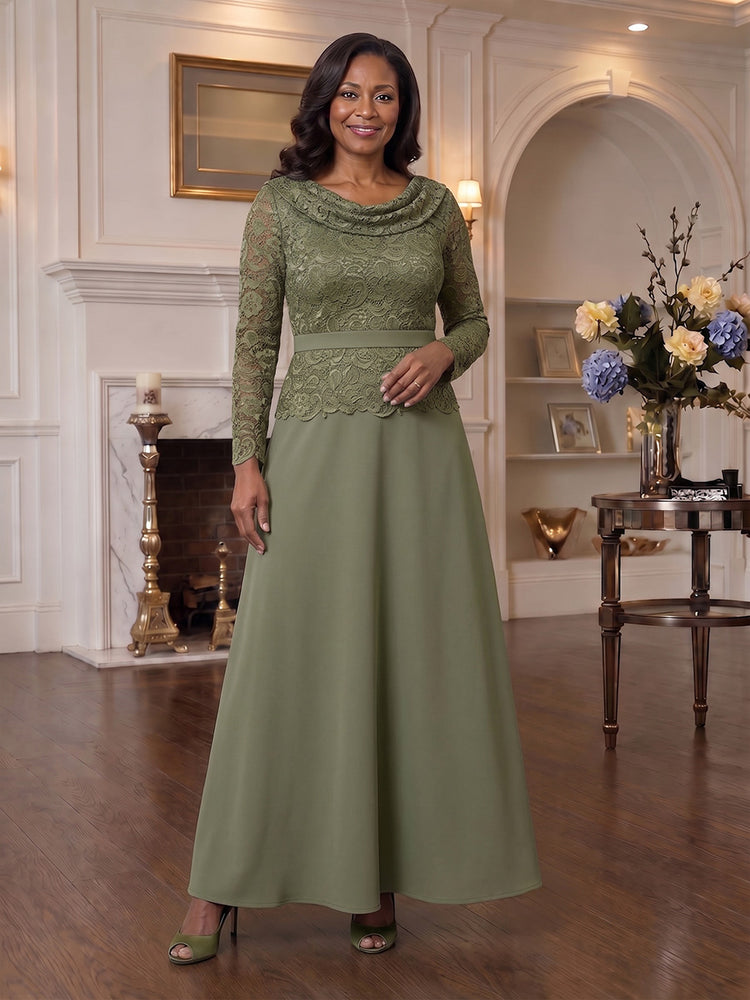 Satin A-Line Cowl Neck Midi Mother of the Bride Dresses with Lace Applique