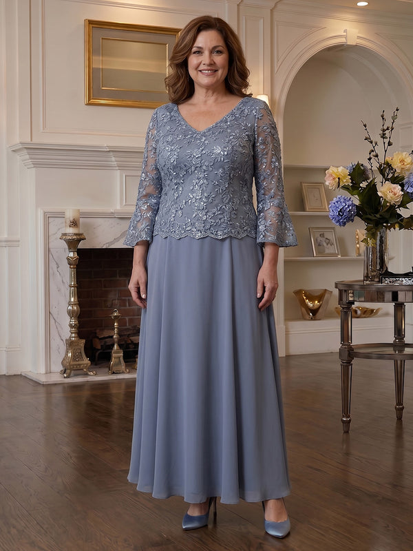 Chiffon A-Line V Neck Midi Mother of the Bride Dresses with Sequin Embroidery