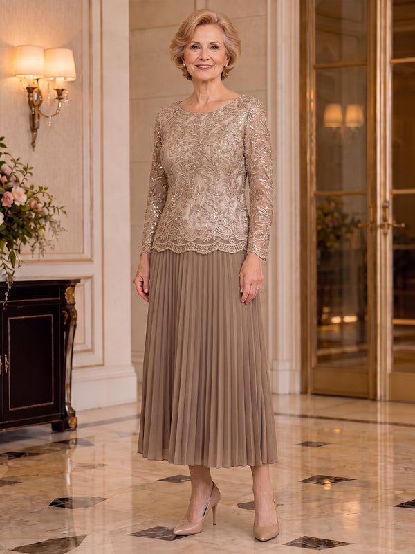 Chiffon A-Line Scoop Neck Midi Mother of the Bride Dresses with Lace Applique