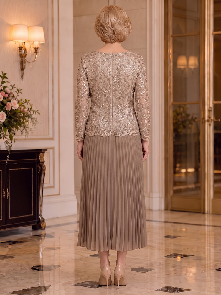Chiffon A-Line Scoop Neck Midi Mother of the Bride Dresses with Lace Applique