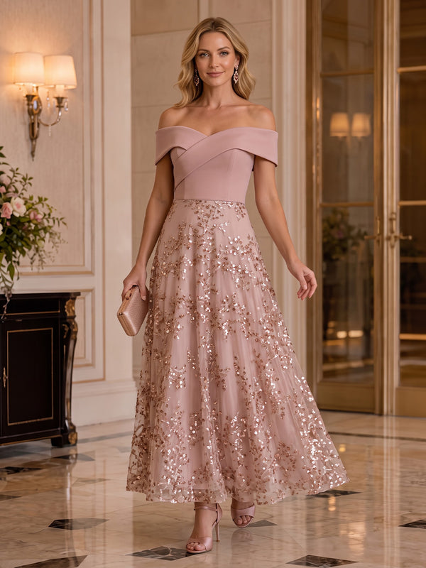 Tulle A-Line Off the Shoulder Mini Mother of the Bride Dresses with Sequin Applique