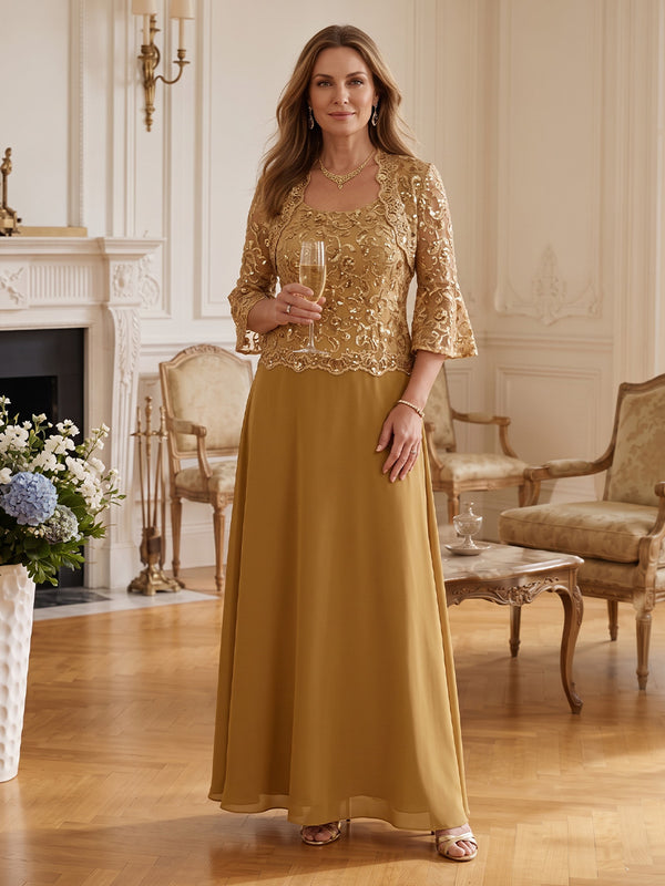 Chiffon A-Line Square Neck Long Mother of the Bride Dresses with Sequin Applique