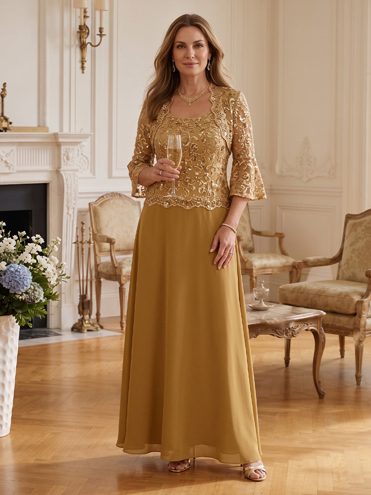 Chiffon A-Line Square Neck Long Mother of the Bride Dresses with Sequin Applique