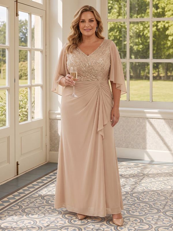 Chiffon A-Line V Neck Long Mother of the Bride Dresses with Sequin Embroidery