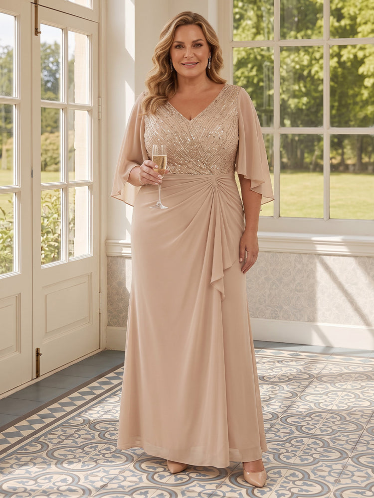 Chiffon A-Line V Neck Long Mother of the Bride Dresses with Sequin Embroidery