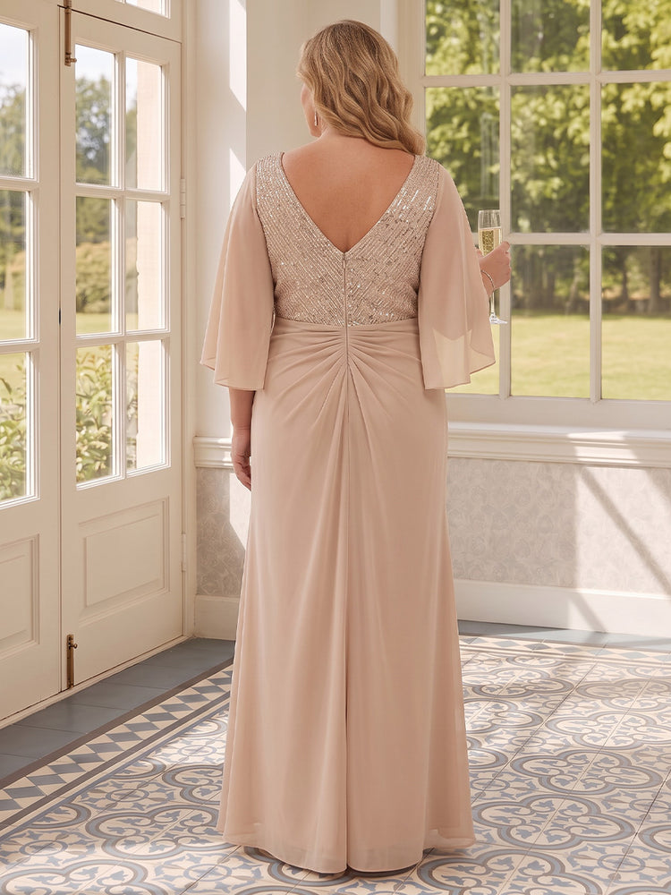 Chiffon A-Line V Neck Long Mother of the Bride Dresses with Sequin Embroidery