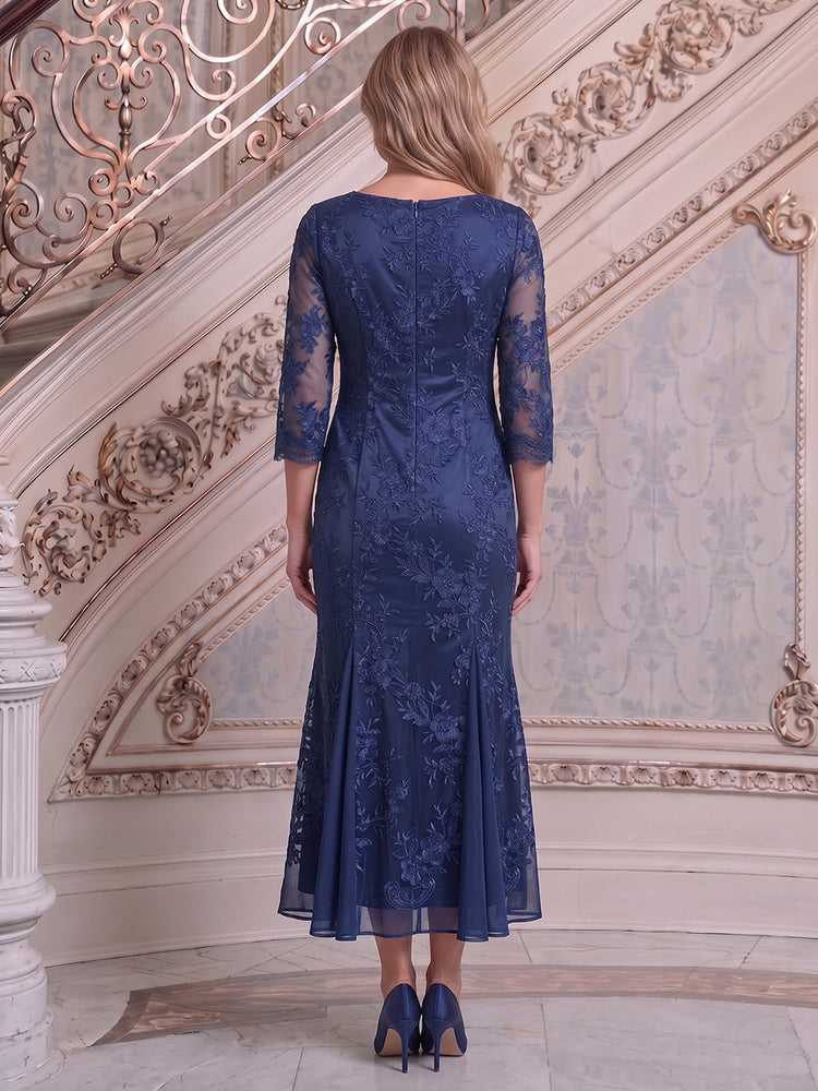 Chiffon A-Line Round Neck Midi Mother of the Bride Dresses with Lace Applique
