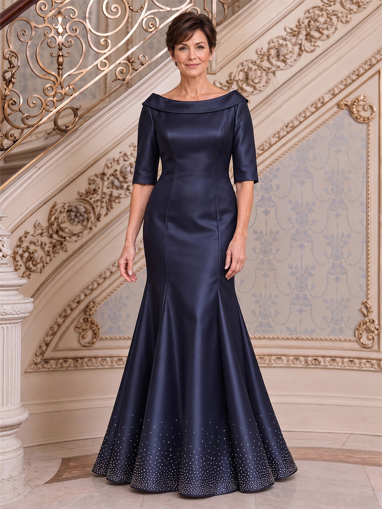 Satin Mermaid Boat Neck Long Mother of the Bride Dresses with Beaded