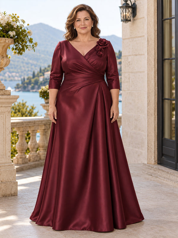 Satin A-Line V Neck Plus Size Mother of the Bride Dresses with 3D Floral Applique