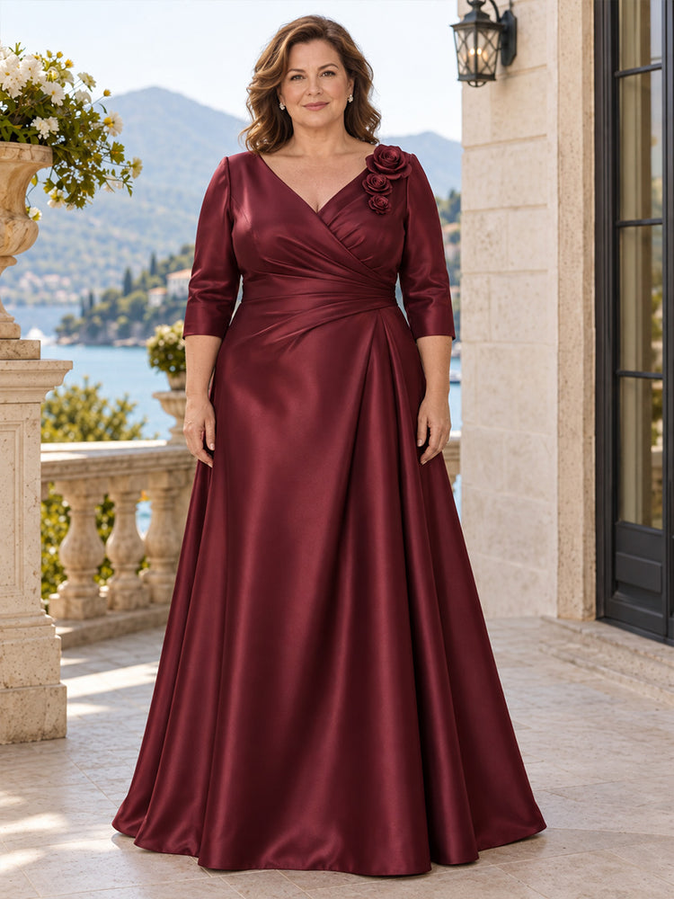 Satin A-Line V Neck Plus Size Mother of the Bride Dresses with 3D Floral Applique