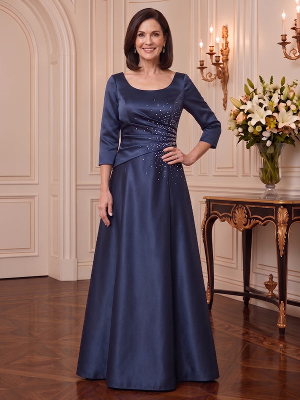 Satin A-Line Scoop Neck Long Mother of the Bride Dresses with Ruched