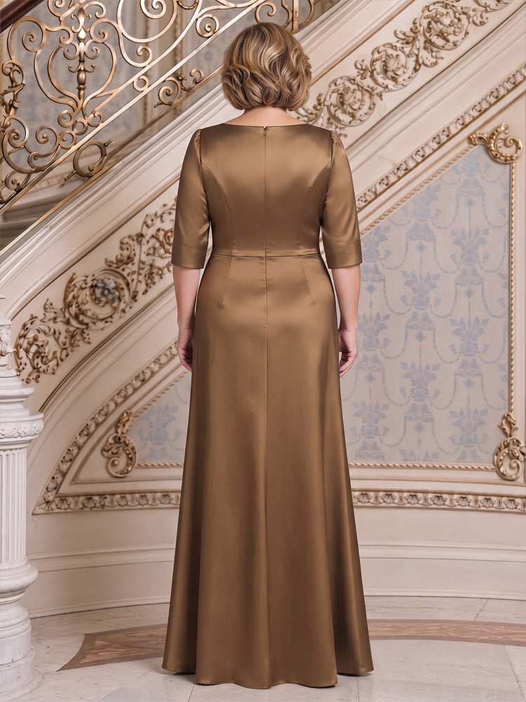 Satin A-Line Round Neck Long Mother of the Bride Dresses with Ruched