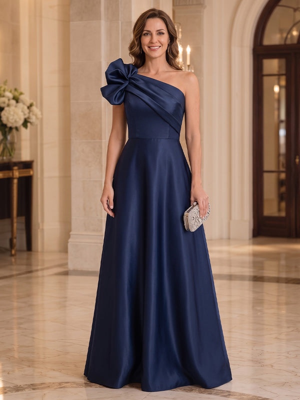 Satin A-Line One Shoulder Long Mother of the Bride Dresses with Bow