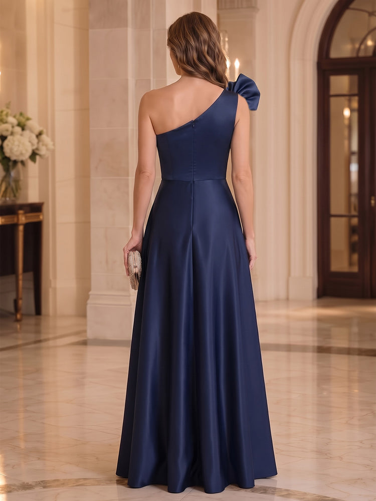Satin A-Line One Shoulder Long Mother of the Bride Dresses with Bow