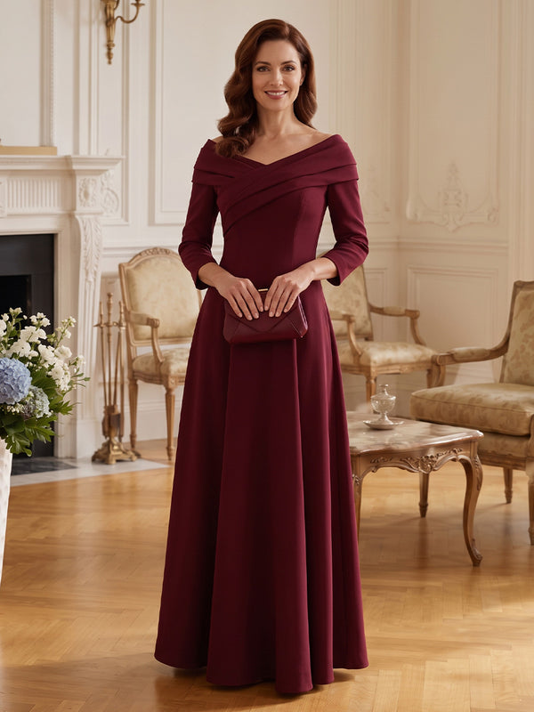 Stretch Crepe A-Line V Neck Long Mother of the Bride Dresses with Cross Draped Bodice