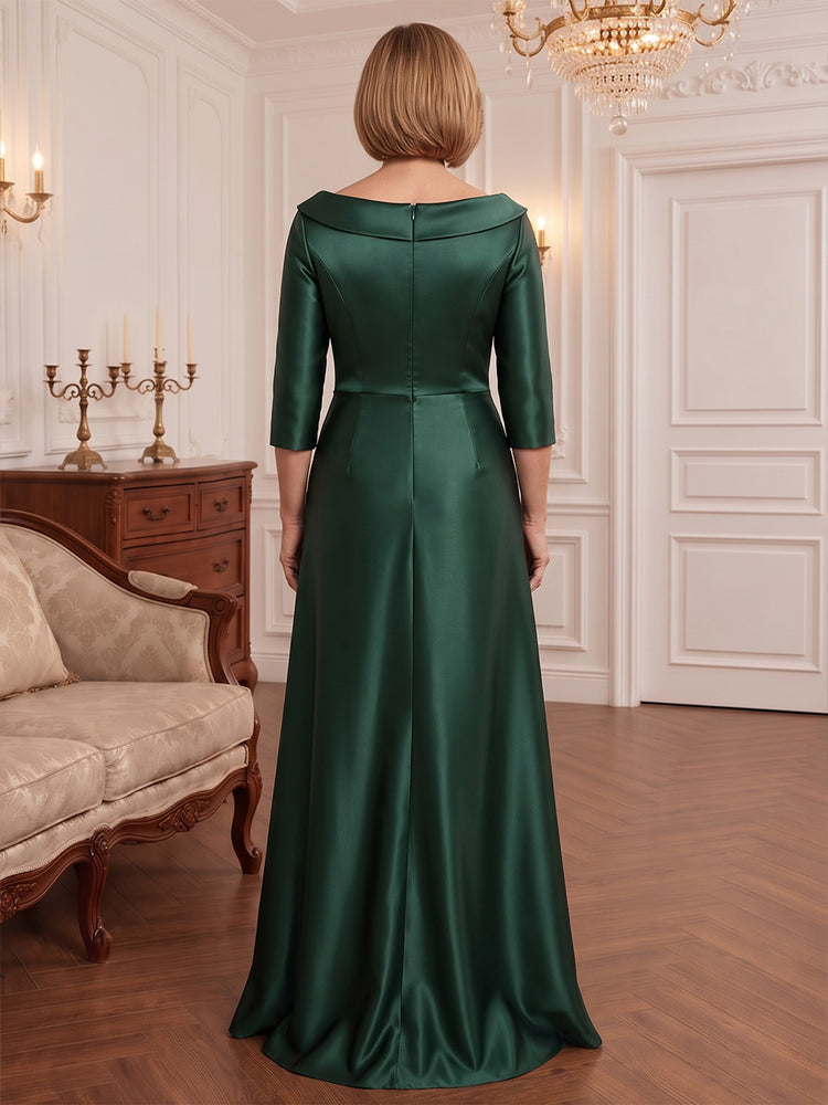 Satin A-Line Boat Neck Long Mother of the Bride Dresses with Beaded
