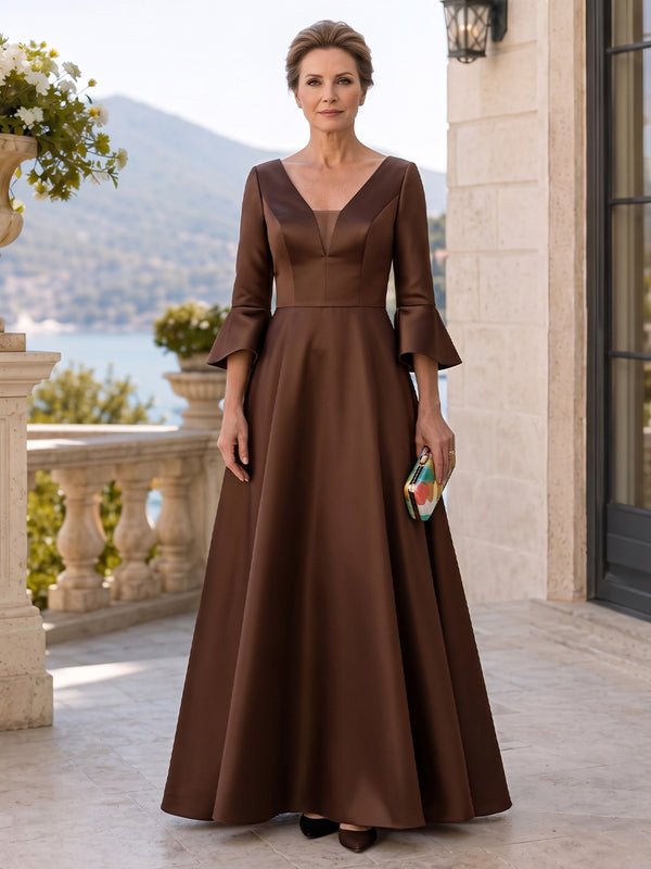 Satin A-Line V Neck Long Mother of the Bride Dresses with Illusion Neck