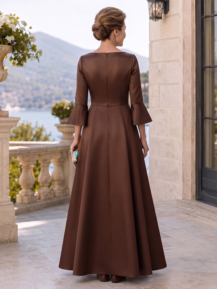 Satin A-Line V Neck Long Mother of the Bride Dresses with Illusion Neck