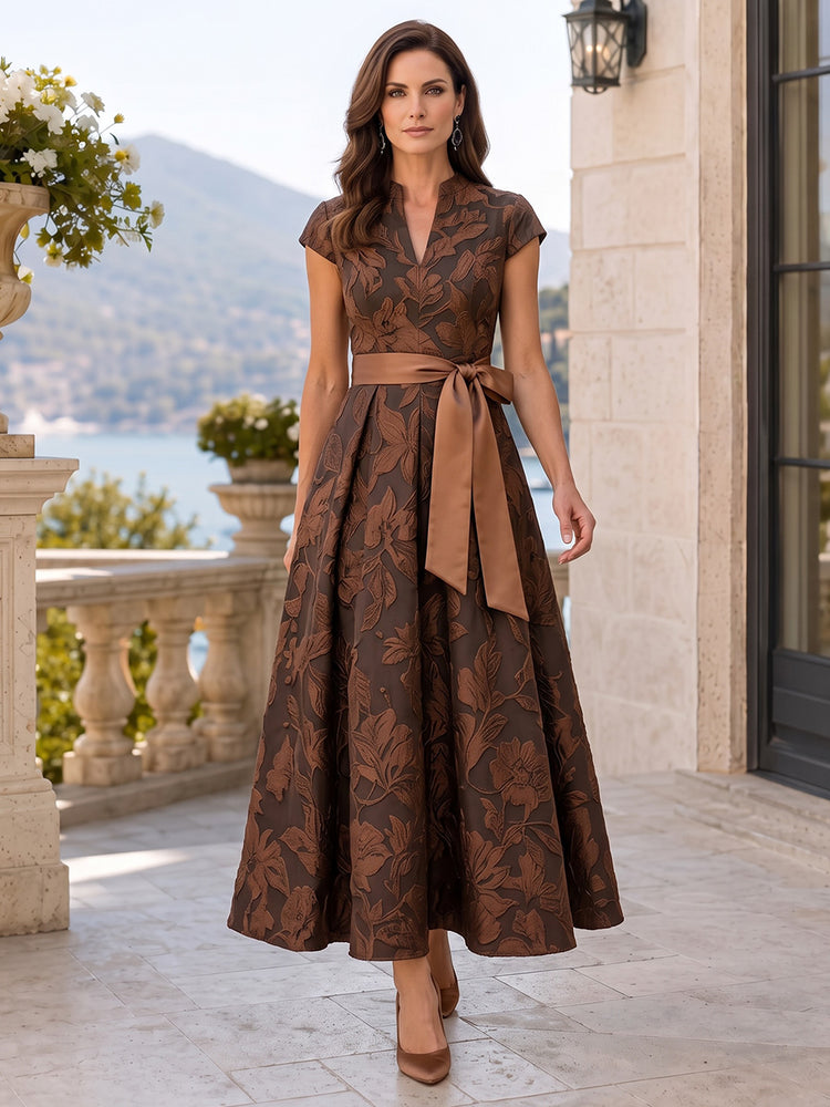 Jacquard A-Line V Neck Midi Mother of the Bride Dresses with Floral Print