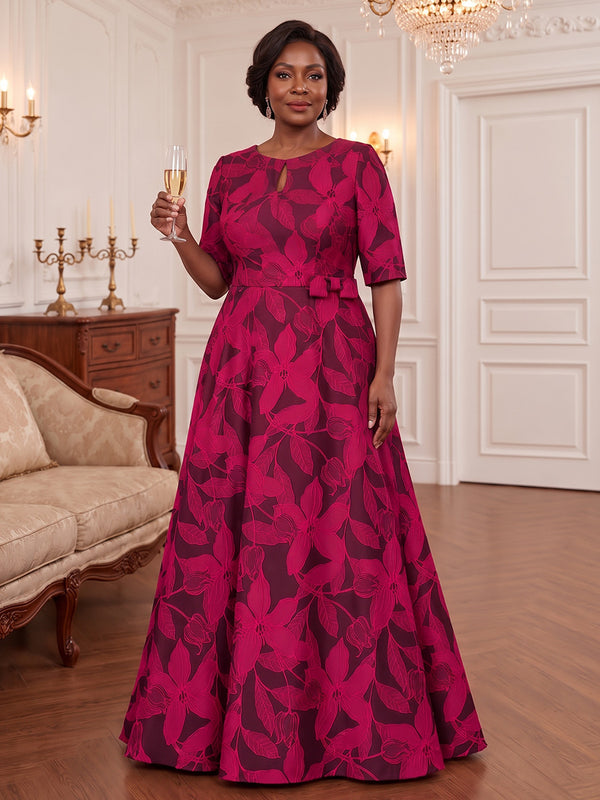Jacquard A-Line Round Neck Plus Size Mother of the Bride Dresses with Floral Print