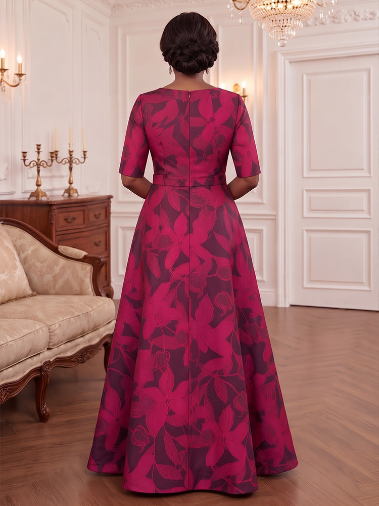 Jacquard A-Line Round Neck Plus Size Mother of the Bride Dresses with Floral Print