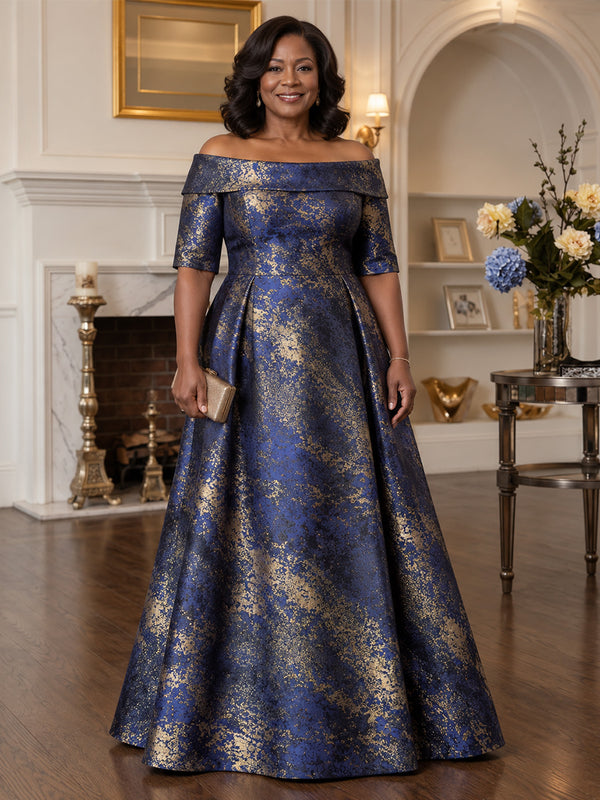 Jacquard A-Line Off the Shoulder Plus Size Mother of the Bride Dresses with Floral Print