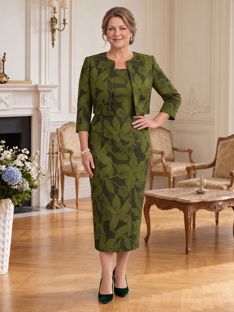 Jacquard Sheath Round Neck Midi Mother of the Bride Dresses with Floral Print