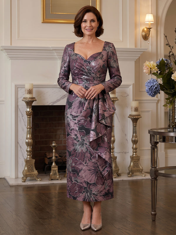 Jacquard Sheath Sweetheart Midi Mother of the Bride Dresses with Floral Print