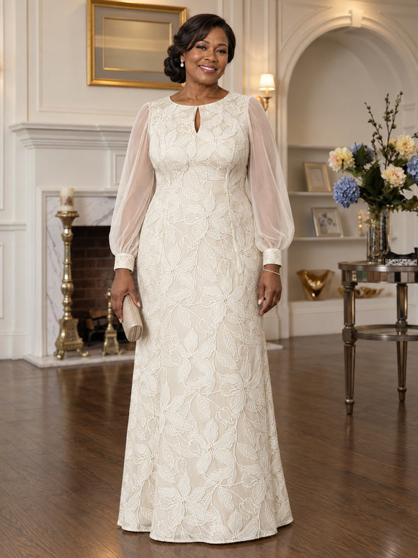 Lace Mermaid Round Neck Plus Size Mother of the Bride Dresses with Illusion Mesh