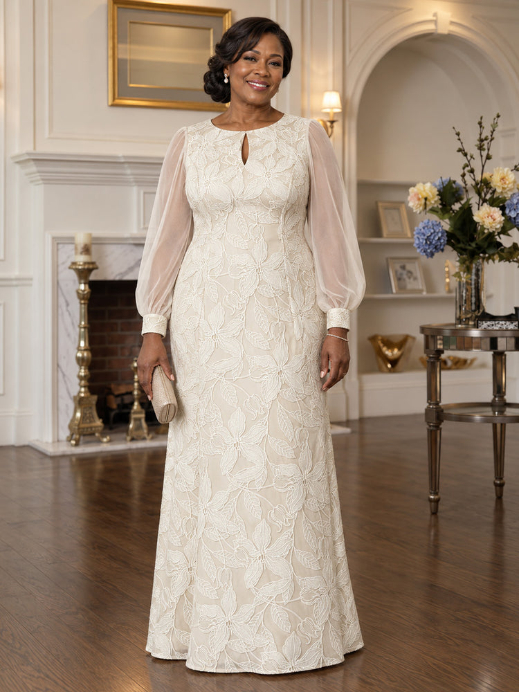 Lace Mermaid Round Neck Plus Size Mother of the Bride Dresses with Illusion Mesh