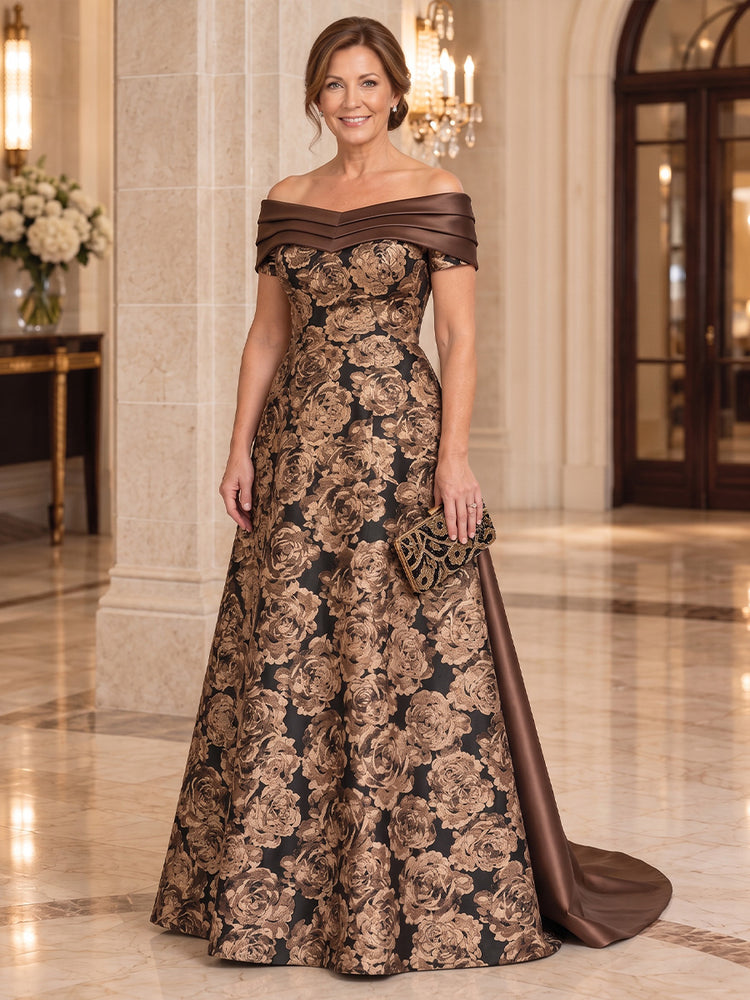 Jacquard A-Line Off the Shoulder Long Mother of the Bride Dresses with Floral Print