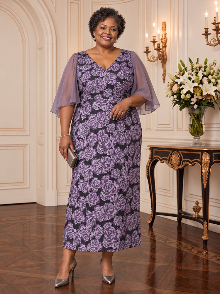 Jacquard Mermaid V Neck Plus Size Mother of the Bride Dresses with Illusion Mesh