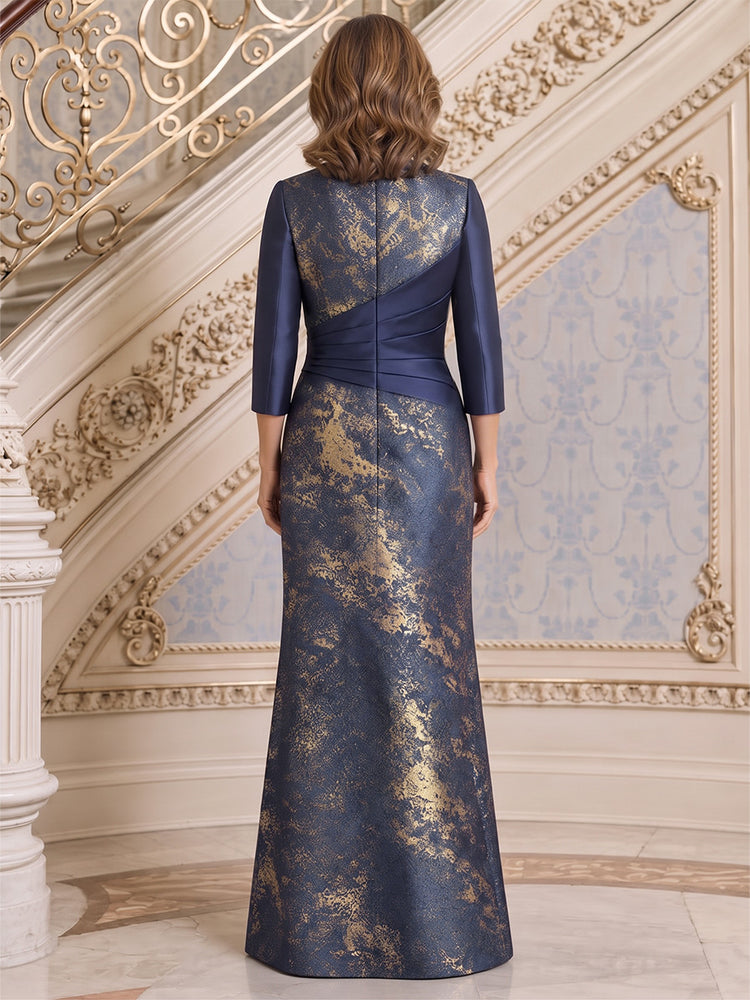 Jacquard Mermaid Notched V-neck Long Mother of the Bride Dresses with Floral Print